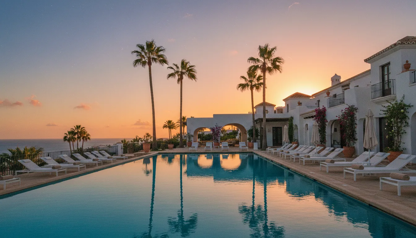 Piscina del hotel al atardecer con hamacas