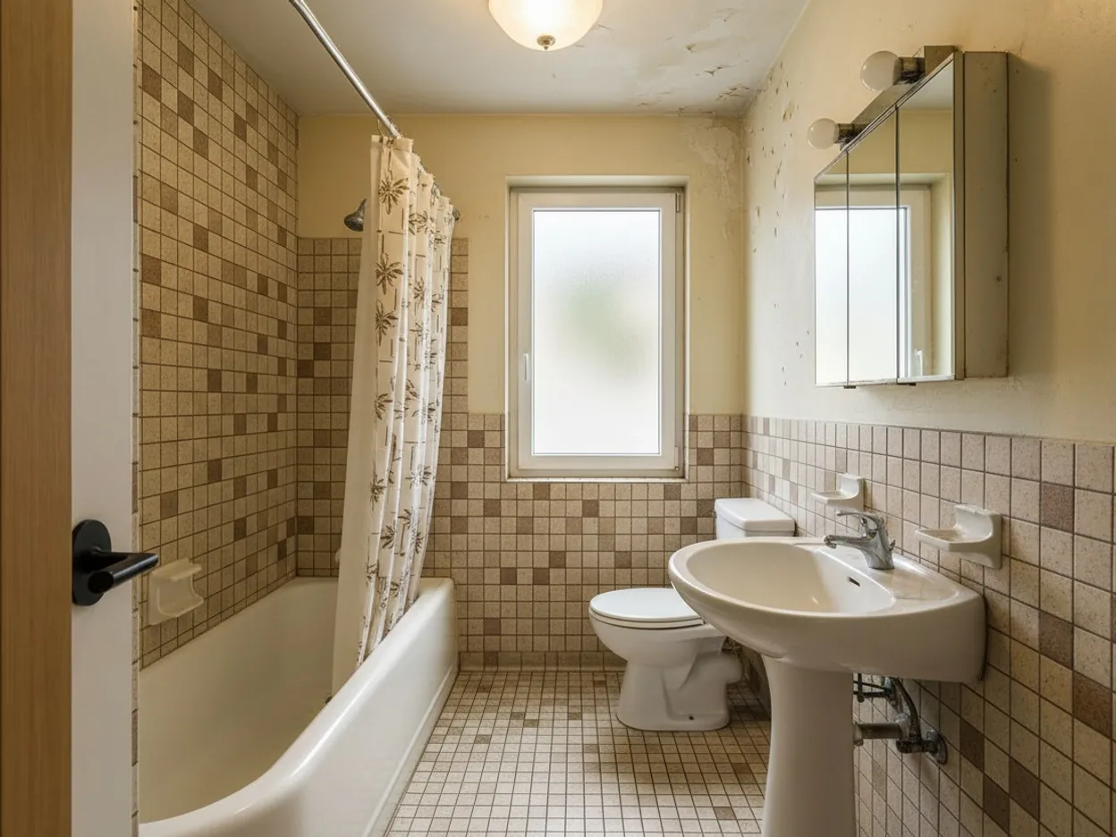 El mismo baño antes de la reforma, con bañera y azulejo de los años ochenta