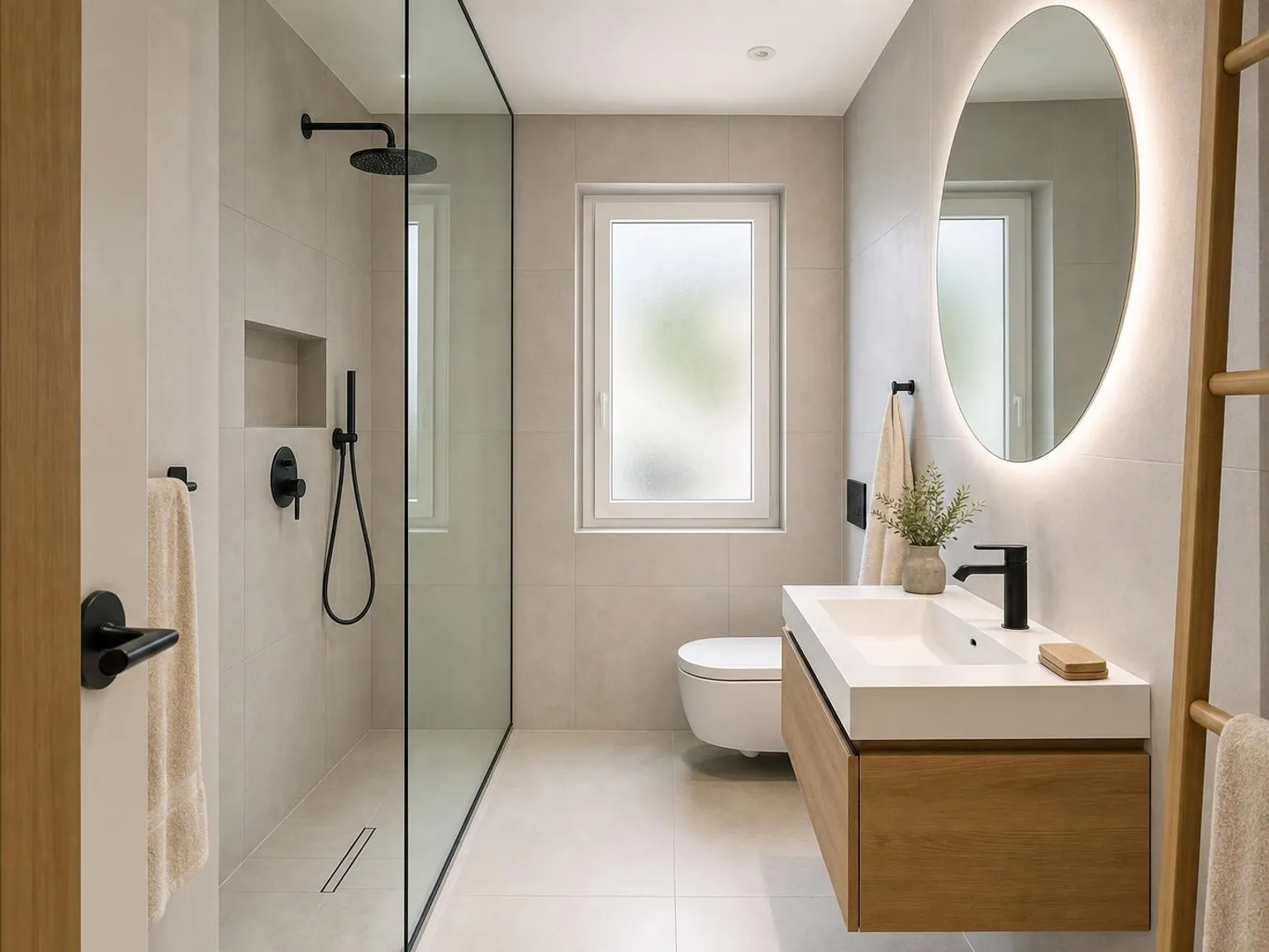 Baño reformado con ducha de obra, mueble suspendido y azulejo gris claro