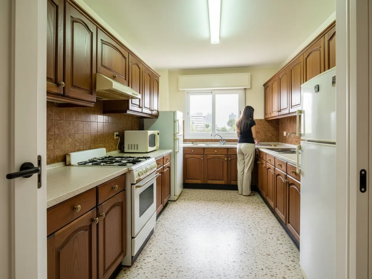 La misma cocina antes de la reforma, con muebles de madera oscura y azulejo marrón