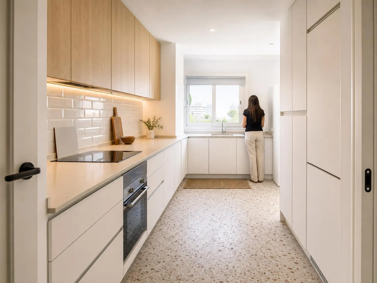 Cocina reformada con muebles blancos, madera clara y encimera de cuarzo