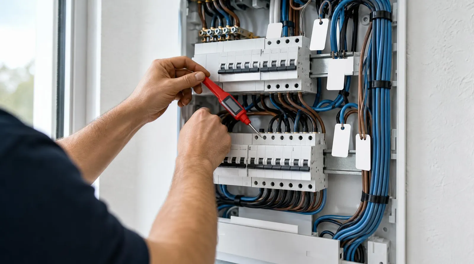 Manos de un electricista cableando un cuadro eléctrico nuevo