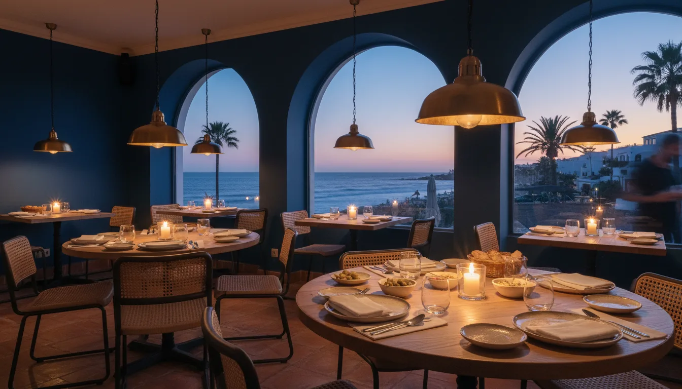Interior del restaurante al atardecer, lámparas cálidas