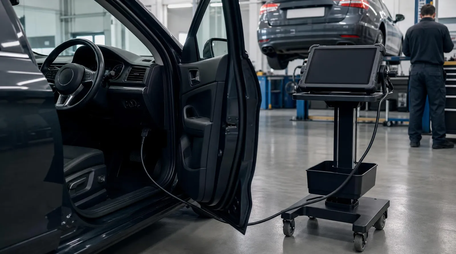 Tableta de diagnosis conectada a un coche con la puerta abierta
