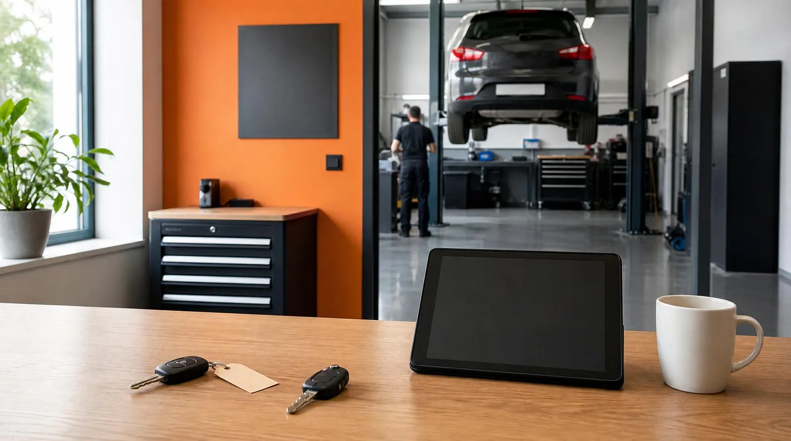 Mostrador de recepción del taller con las llaves de un coche y de una moto