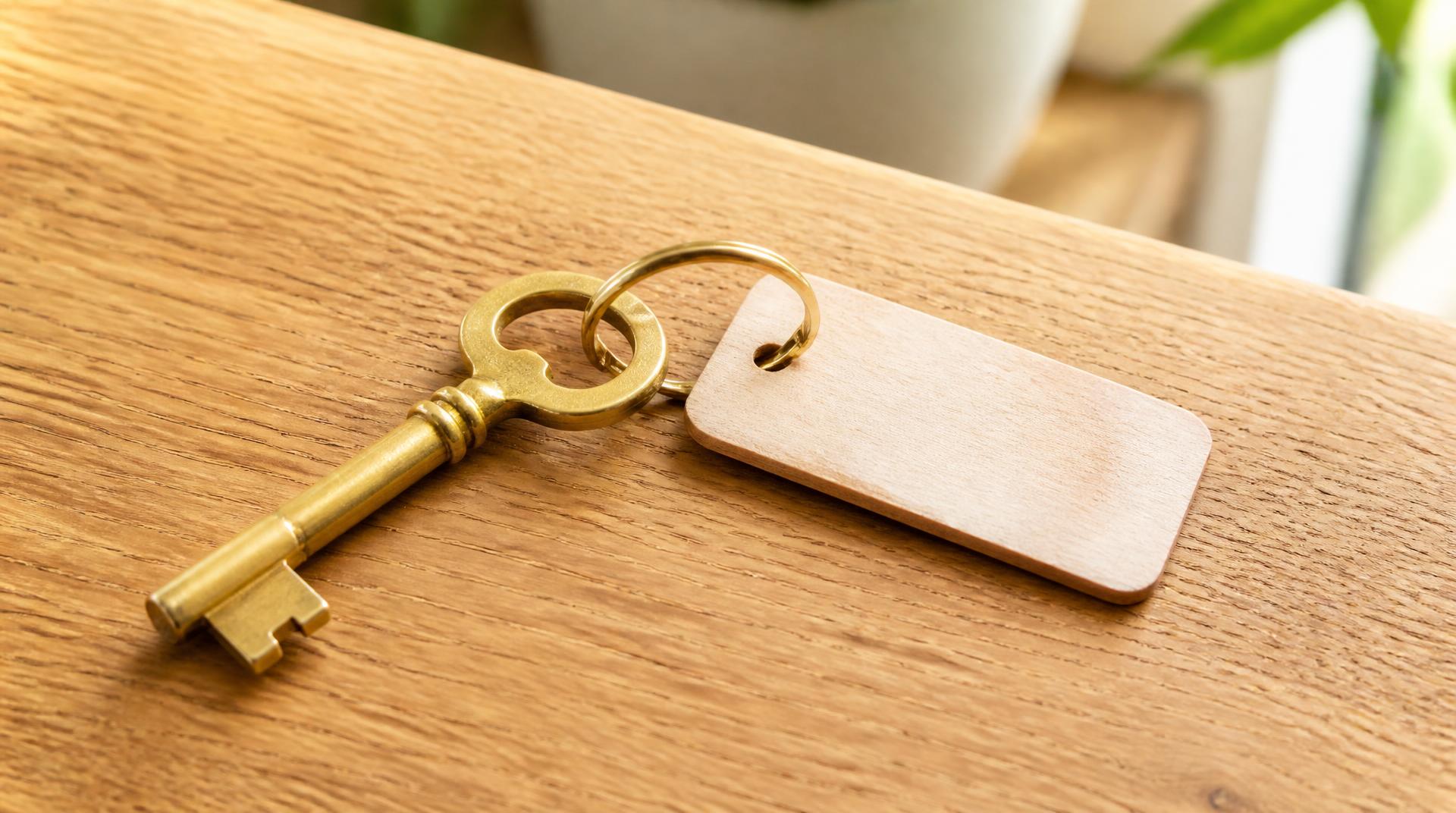 Una llave de latón sobre el mostrador de madera de un comercio, con luz de mañana