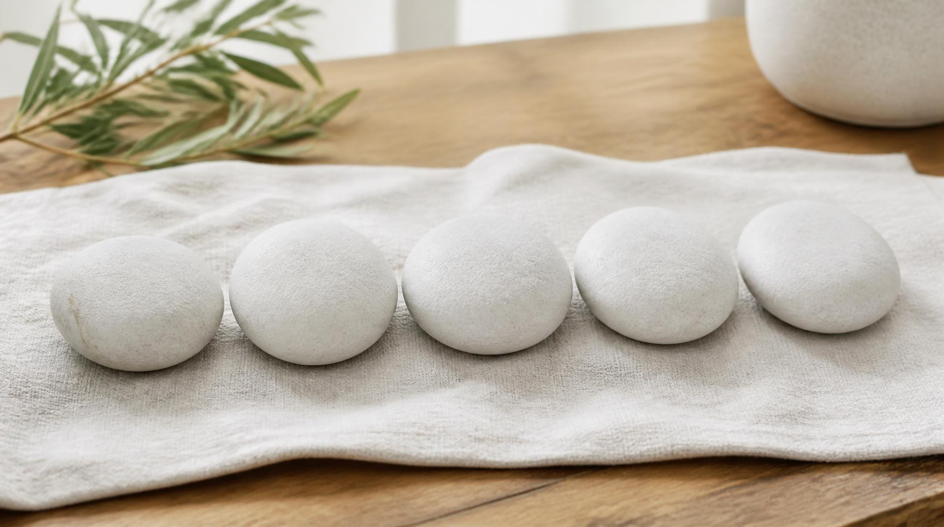 Cinco piedras blancas alineadas sobre un paño de lino, en una mesa de madera