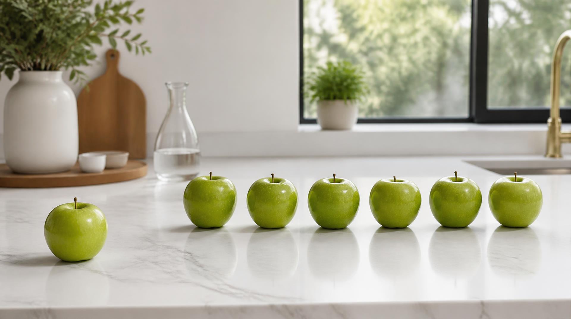 Una manzana separada de una fila de manzanas idénticas sobre mármol blanco