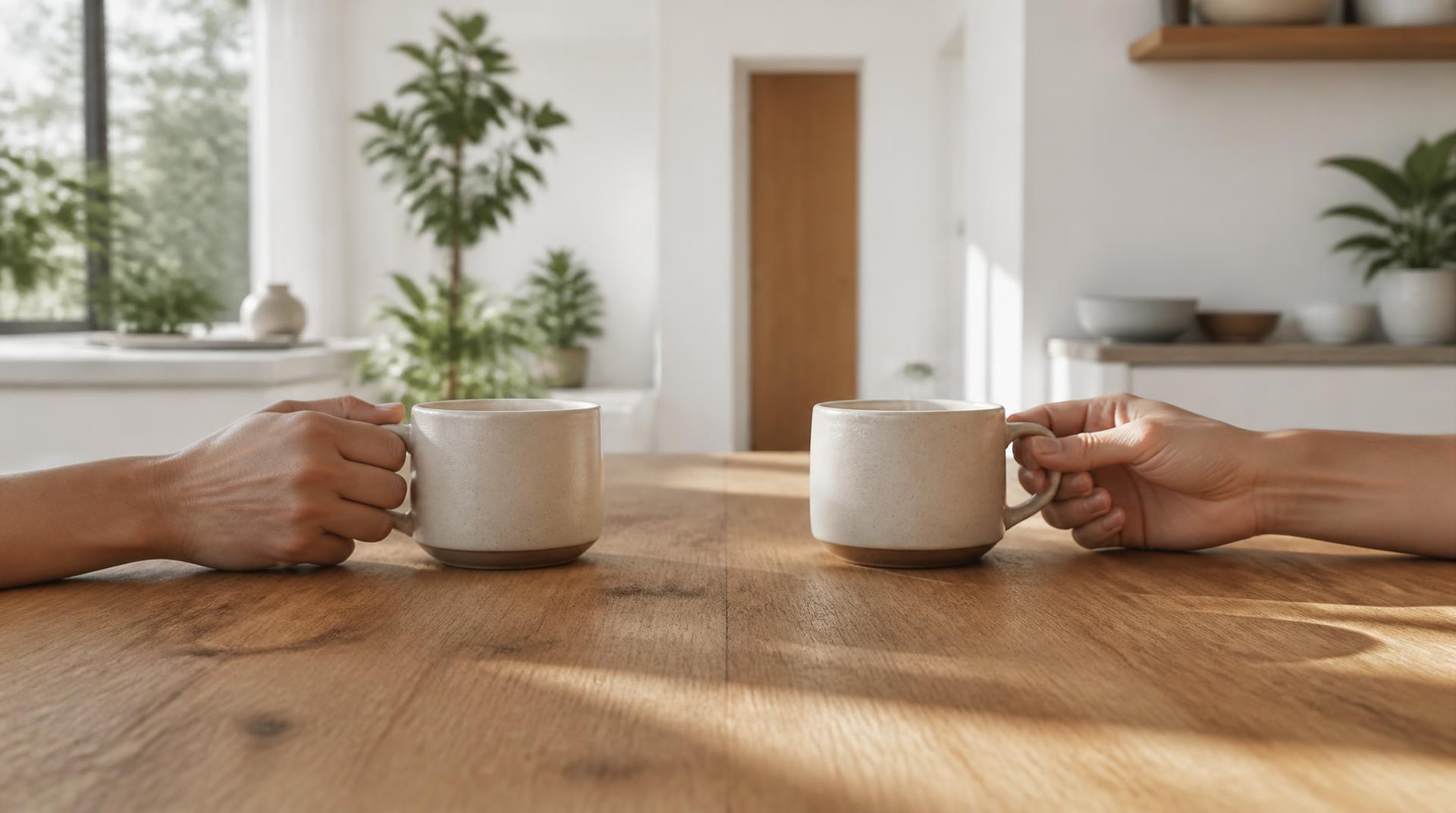 Dos tazas de cerámica enfrentadas sobre una mesa de madera, con vapor