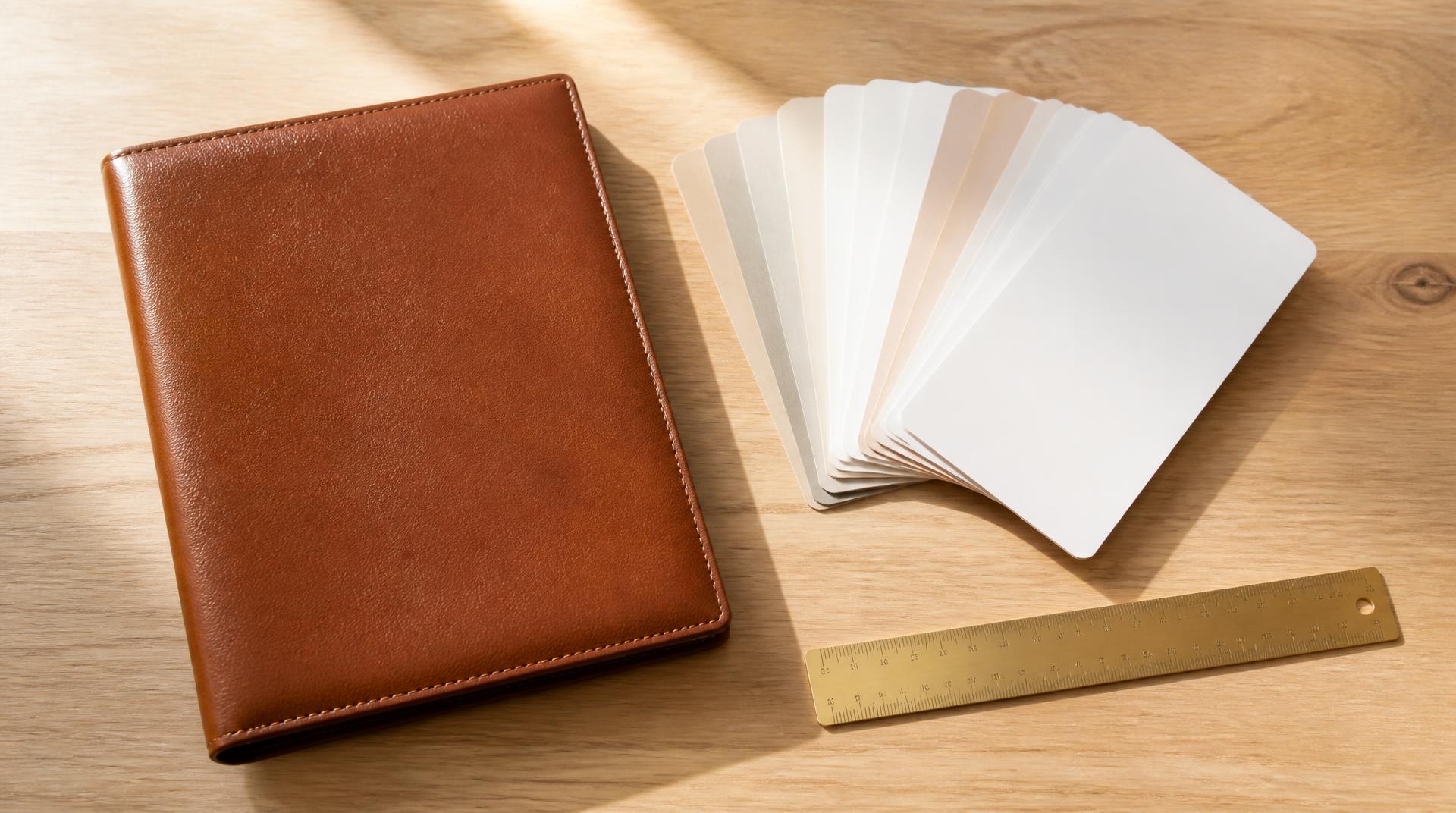 Una carpeta de cuero cerrada y un abanico de muestras de color sobre un escritorio de roble