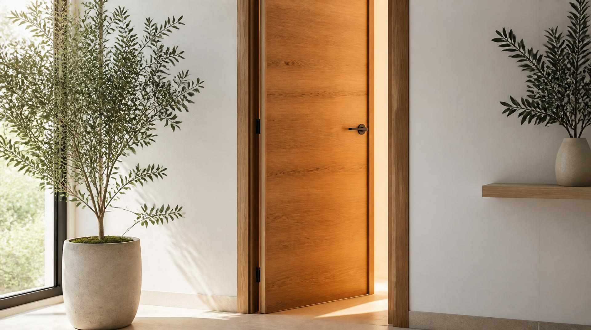 Una puerta de madera entreabierta en una pared blanca, con luz saliendo por la rendija