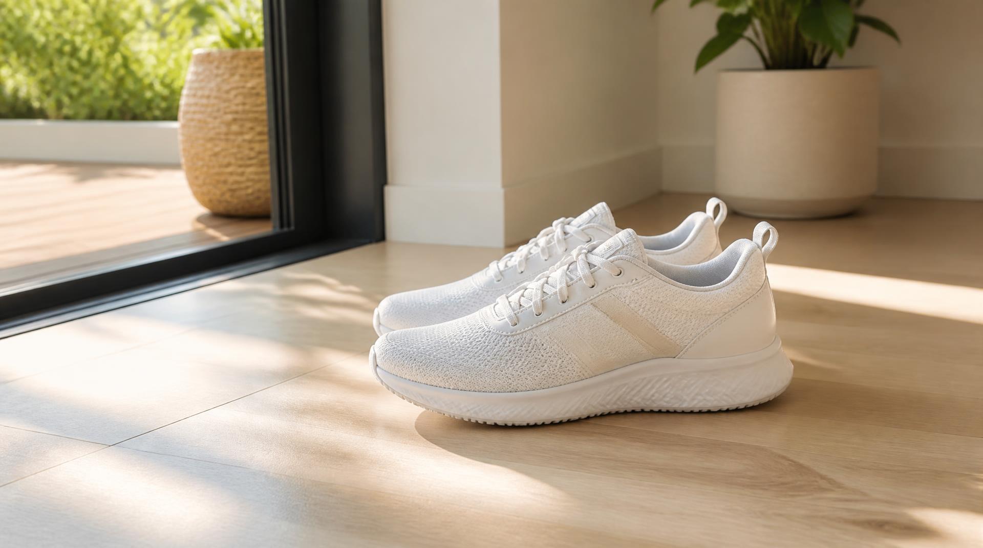 Unas zapatillas limpias junto a la puerta de un gimnasio, sobre suelo de madera