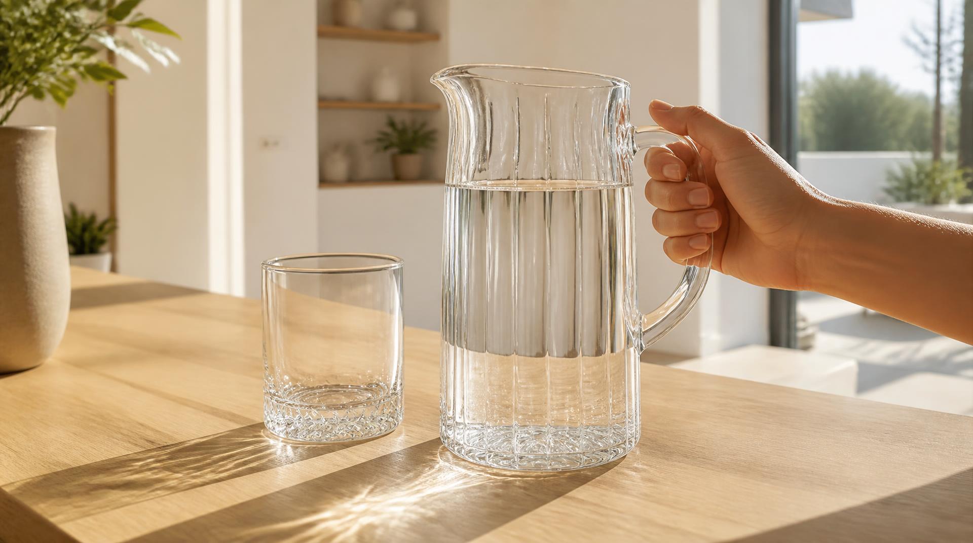 Una jarra de agua de cristal y un vaso vacío sobre un mostrador de madera
