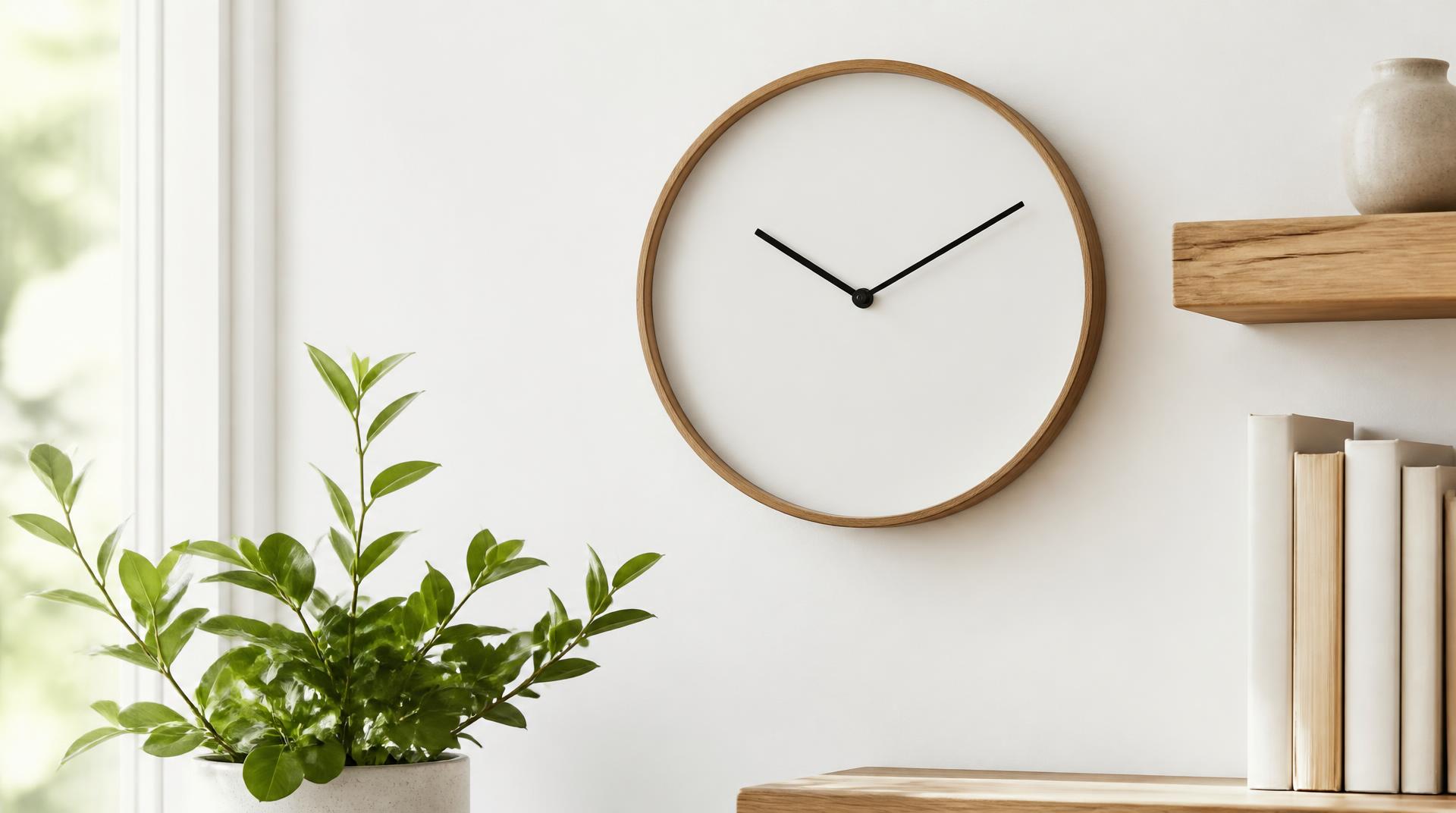 Un reloj de pared minimalista sin números en una pared blanca, junto a una planta