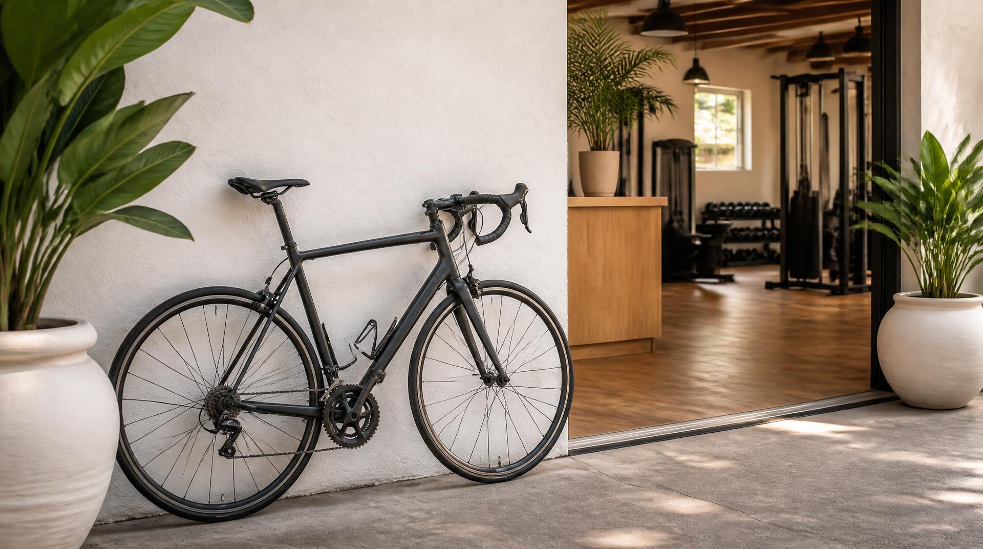 Una bicicleta apoyada en una pared encalada junto a la entrada de un gimnasio