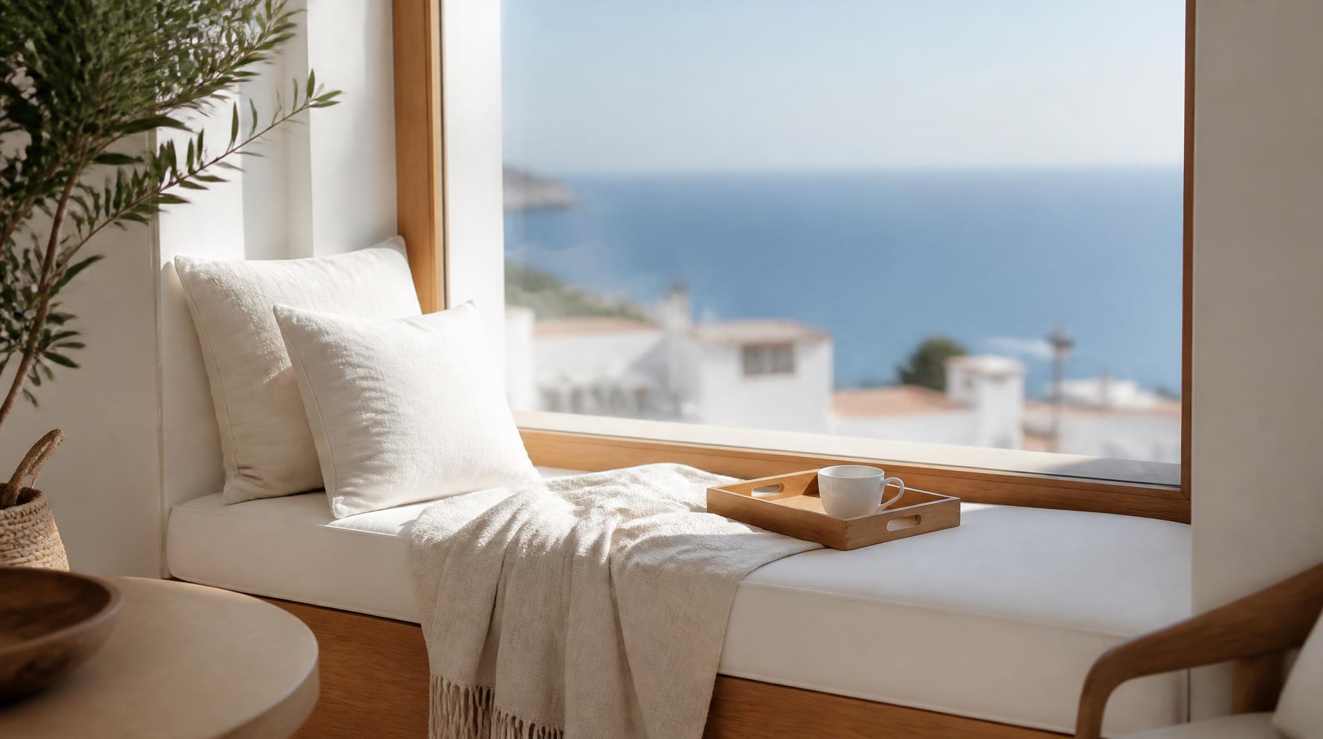 Un banco junto a una ventana con vistas al mar y a los tejados