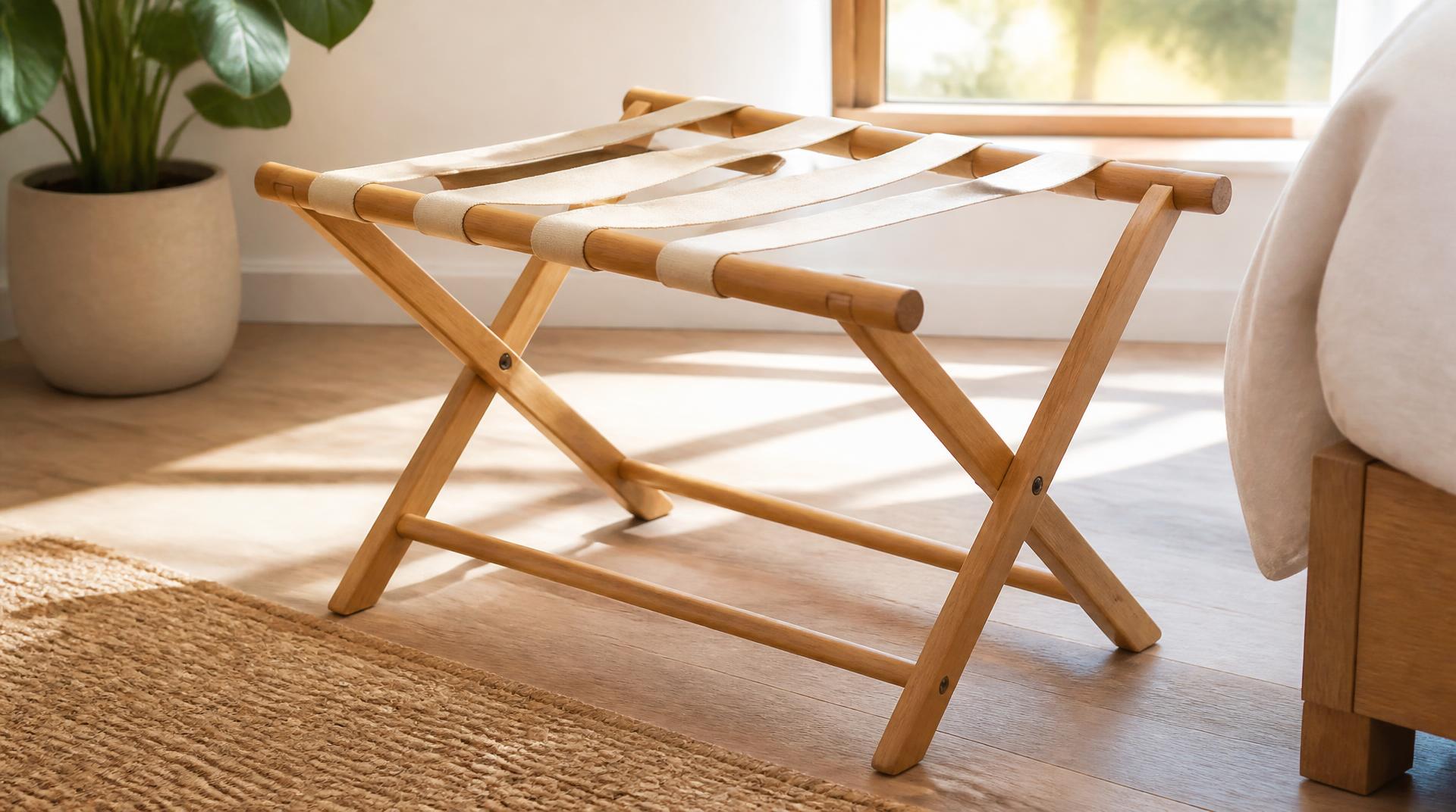 Un portamaletas de madera vacío en una habitación de hotel luminosa