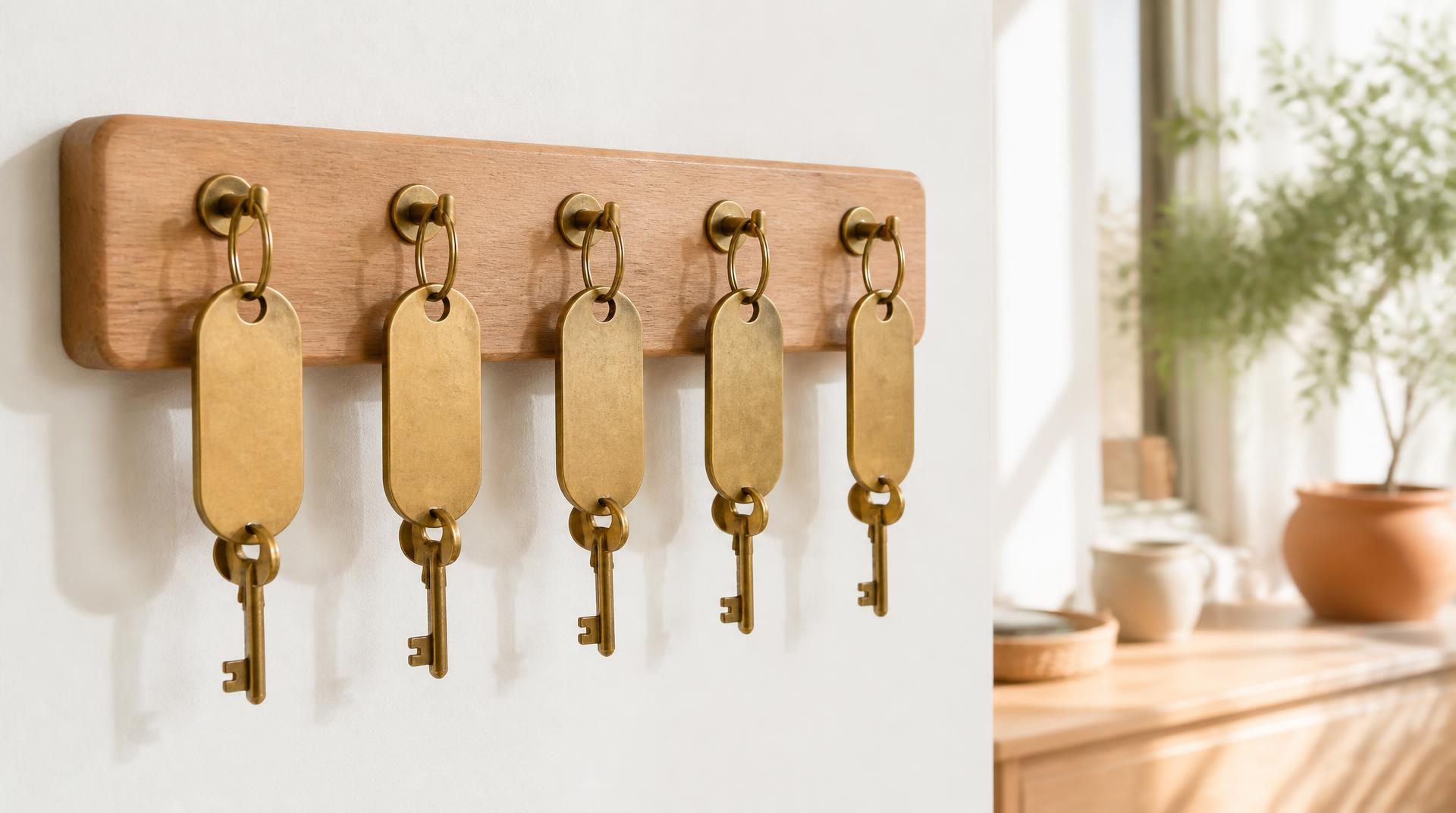 Cinco llaves de latón colgadas en un tablero de madera en una pared blanca