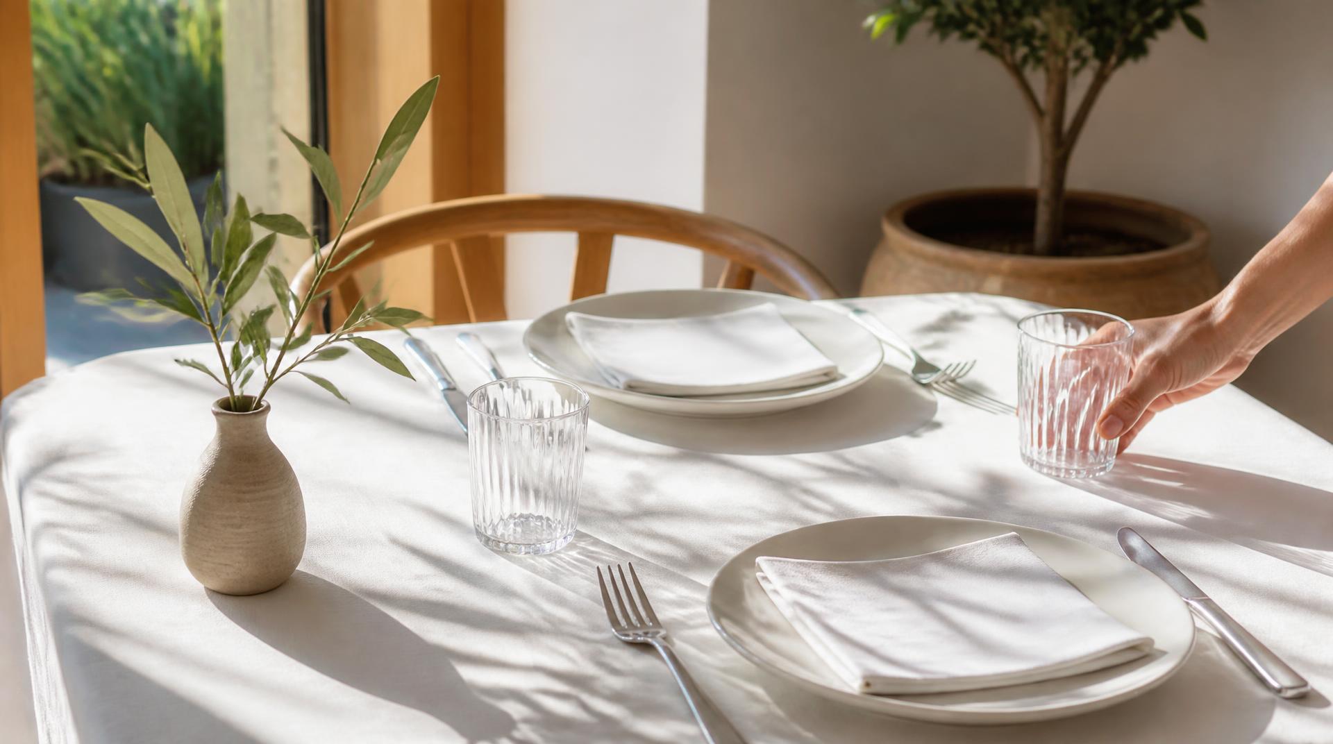 Una mesa puesta para dos con mantel blanco y una rama de olivo en un jarrón