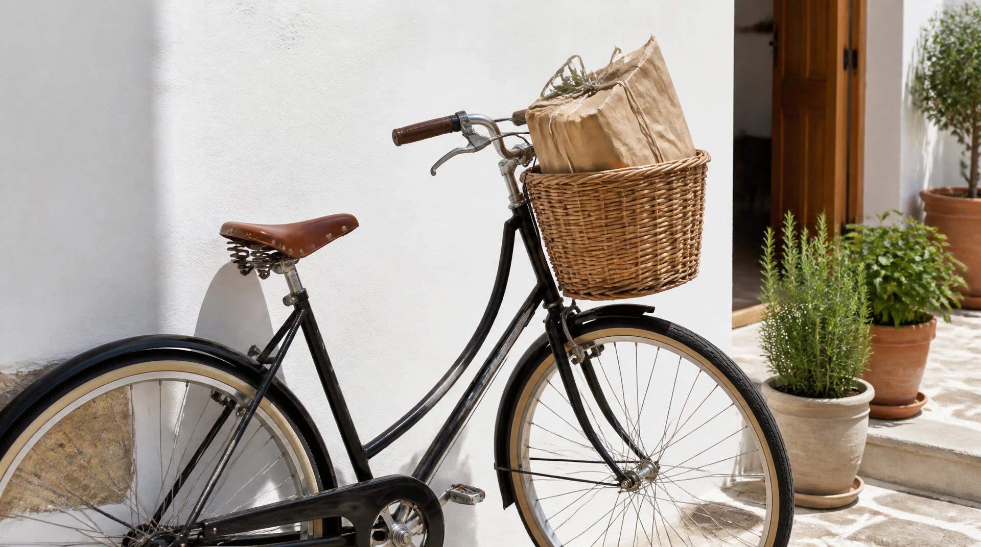 Una bicicleta con un paquete en la cesta, apoyada junto a una puerta con macetas de hierbas