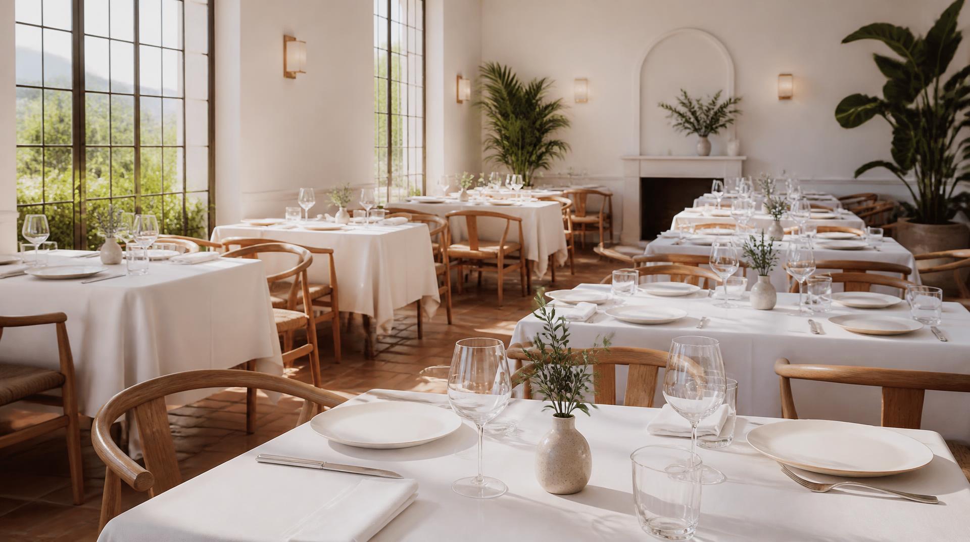 Un comedor vacío e impecable con mesas vestidas de blanco y sol de tarde