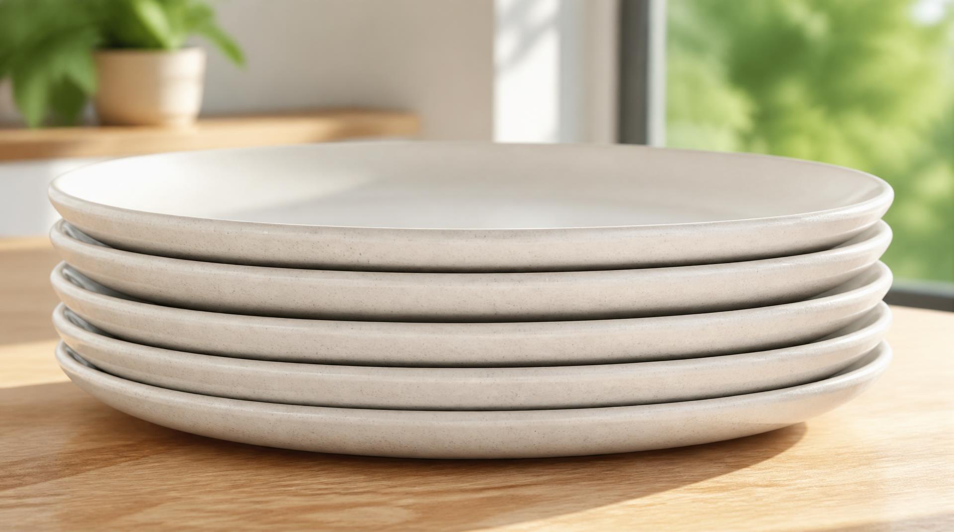 Cinco platos distintos apilados sobre un mostrador de madera clara