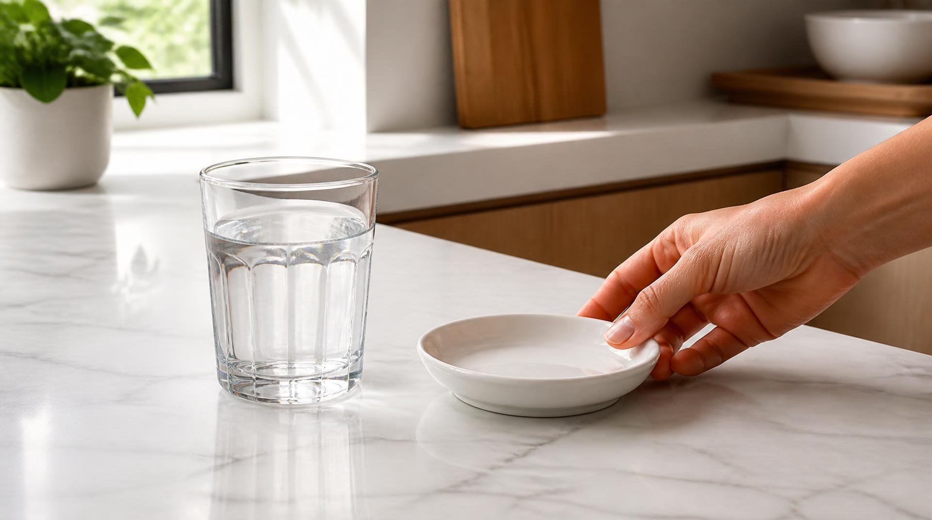 Un vaso de agua y un platito de cerámica blanca sobre una encimera de mármol