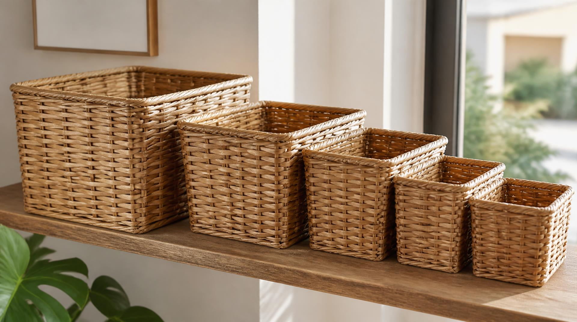 Cinco cestos de mimbre distintos alineados en una estantería de madera