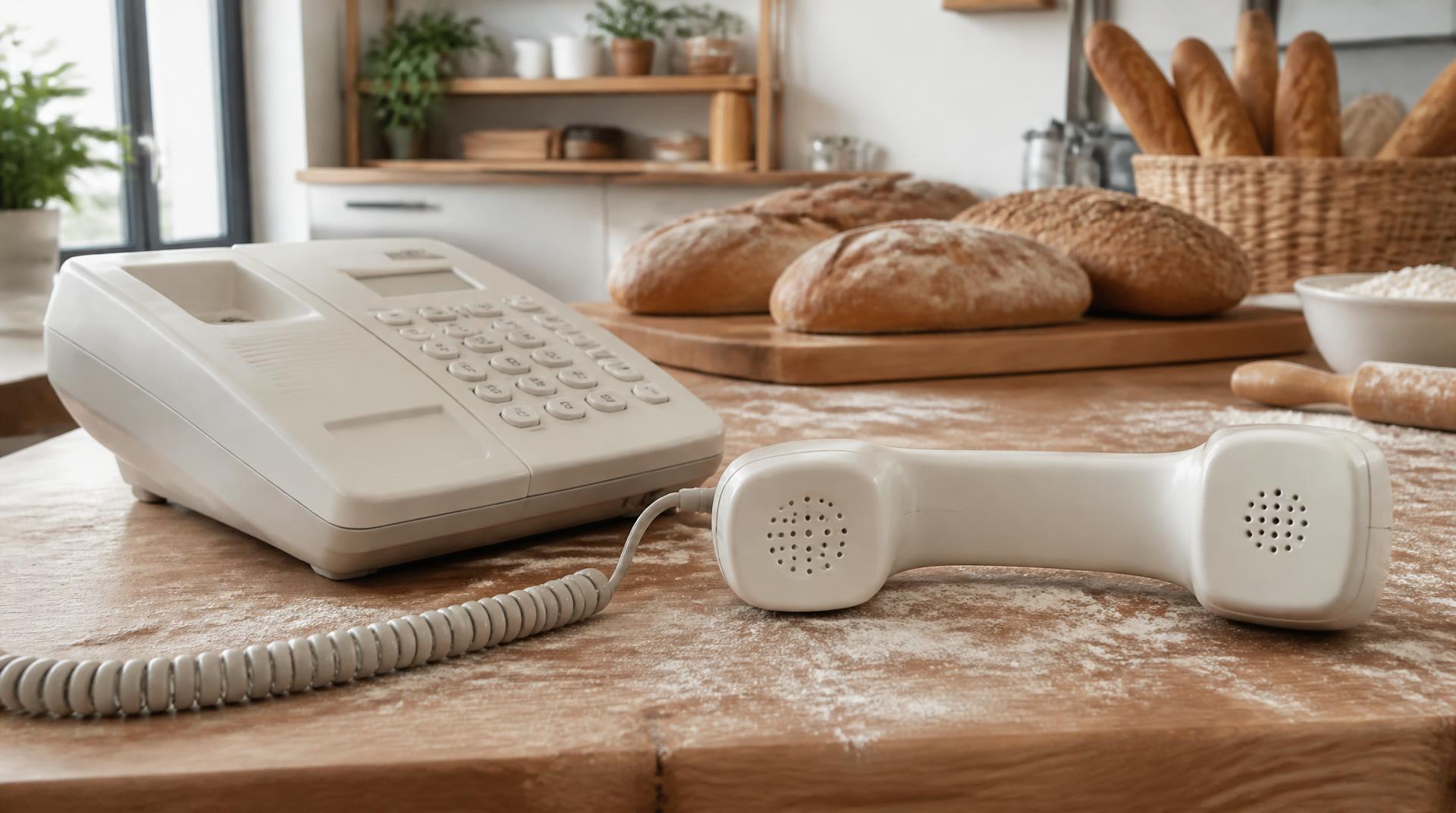 Un teléfono fijo descolgado sobre el mostrador enharinado de una panadería