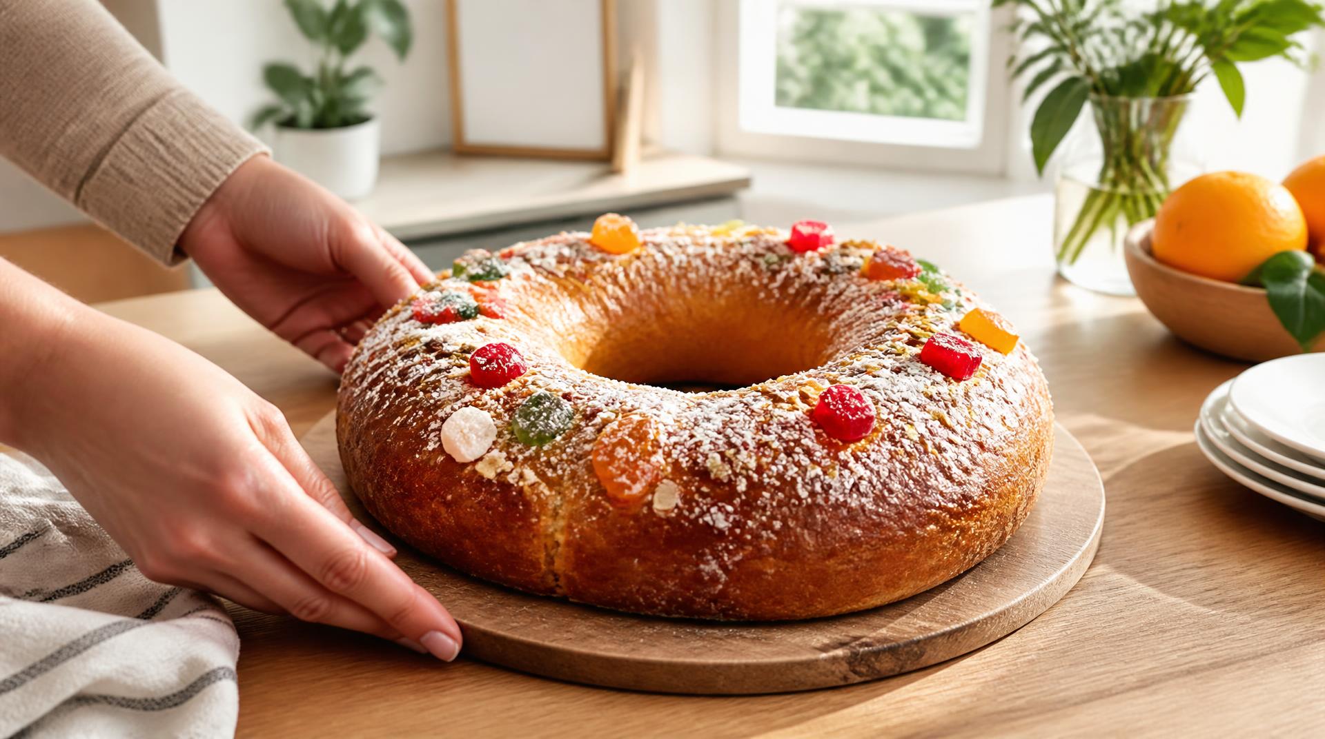 Un roscón espolvoreado de azúcar y fruta escarchada sobre una tabla de madera