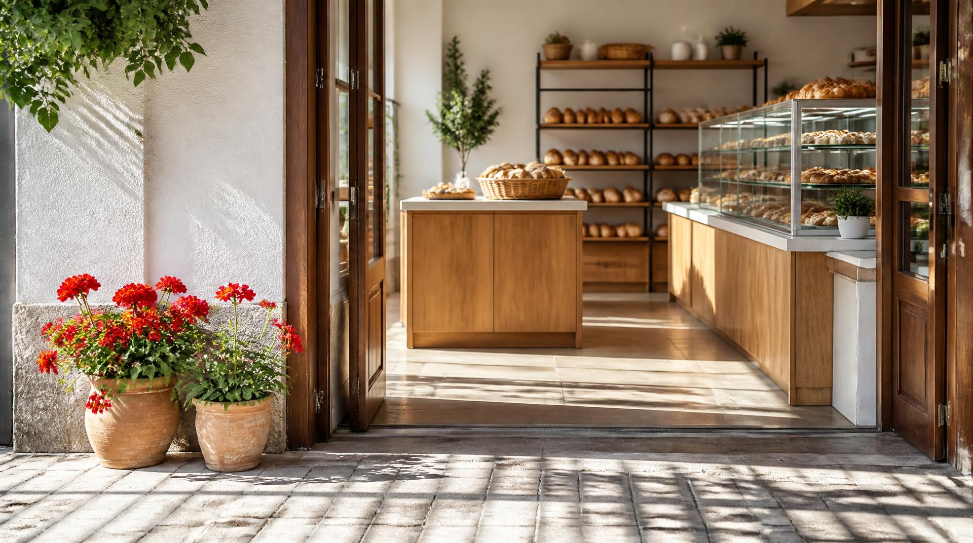 La puerta abierta de una panadería con la sombra rayada del toldo en la acera