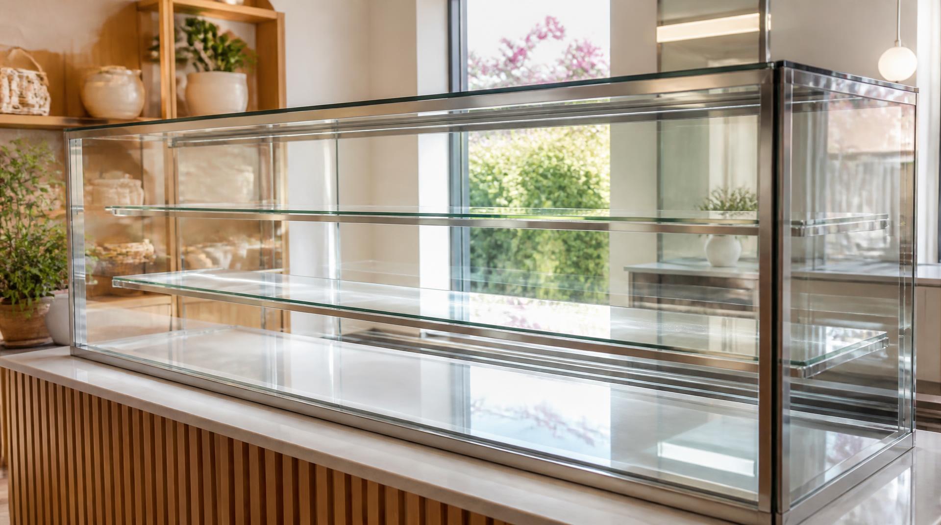 El expositor de cristal de una panadería, vacío y limpio, con luz de mañana