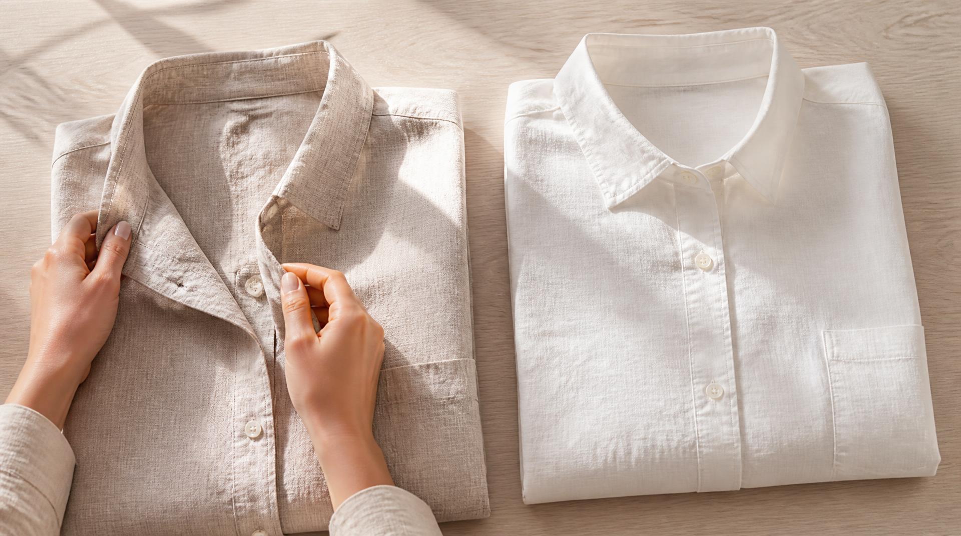 Dos camisas de lino dobladas sobre una mesa de madera clara, una a medio desdoblar