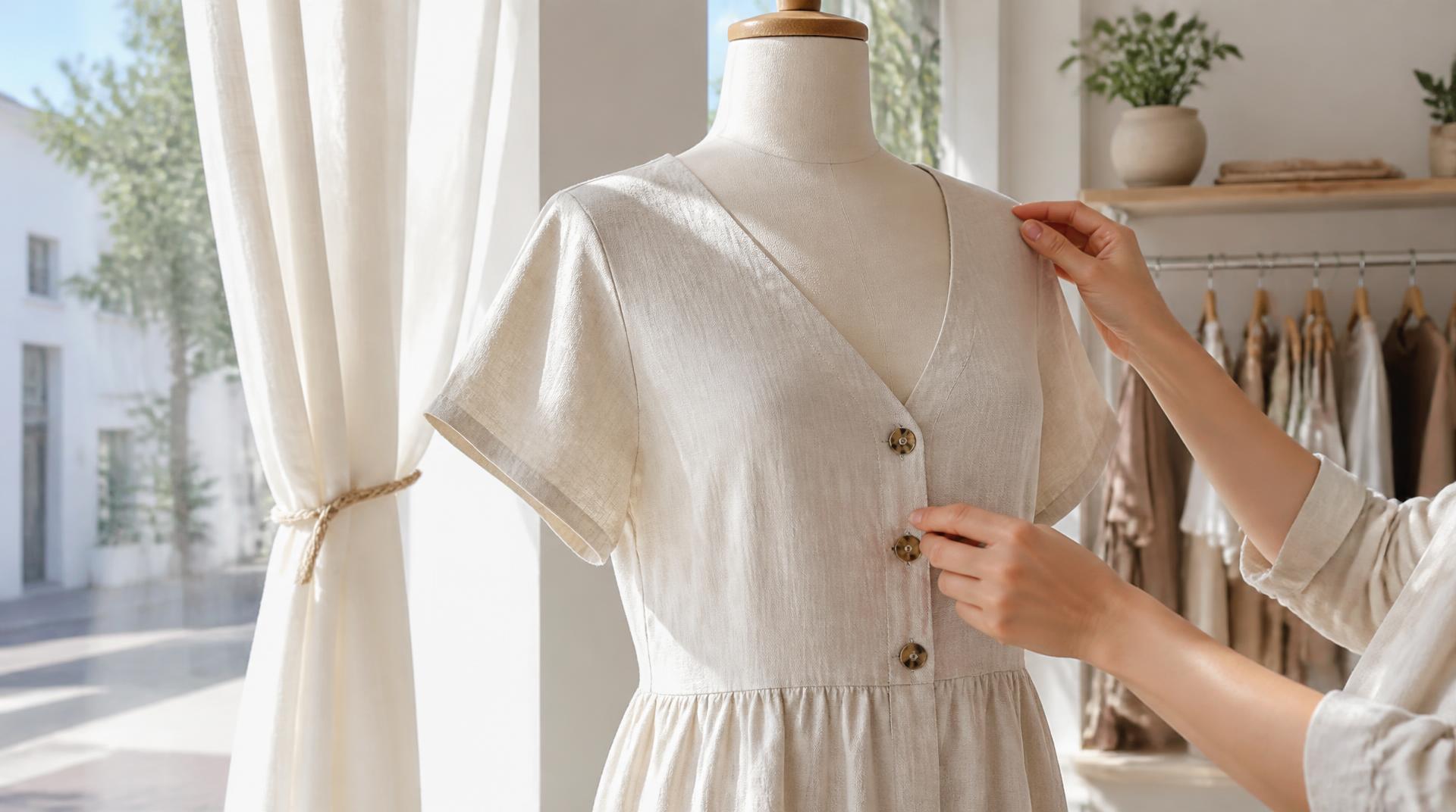 El escaparate de una tienda visto desde dentro, con un vestido de lino en un maniquí