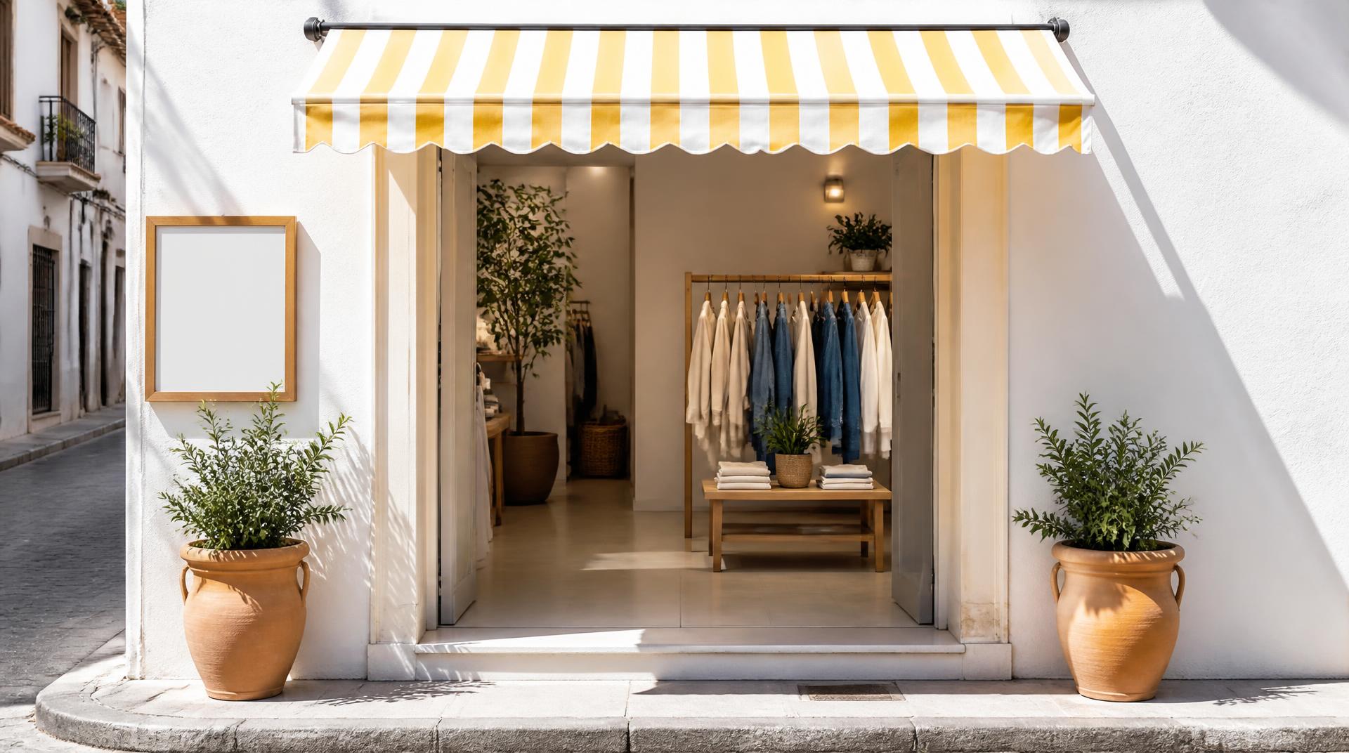 La puerta encalada de una tienda con la sombra del toldo y dos macetas
