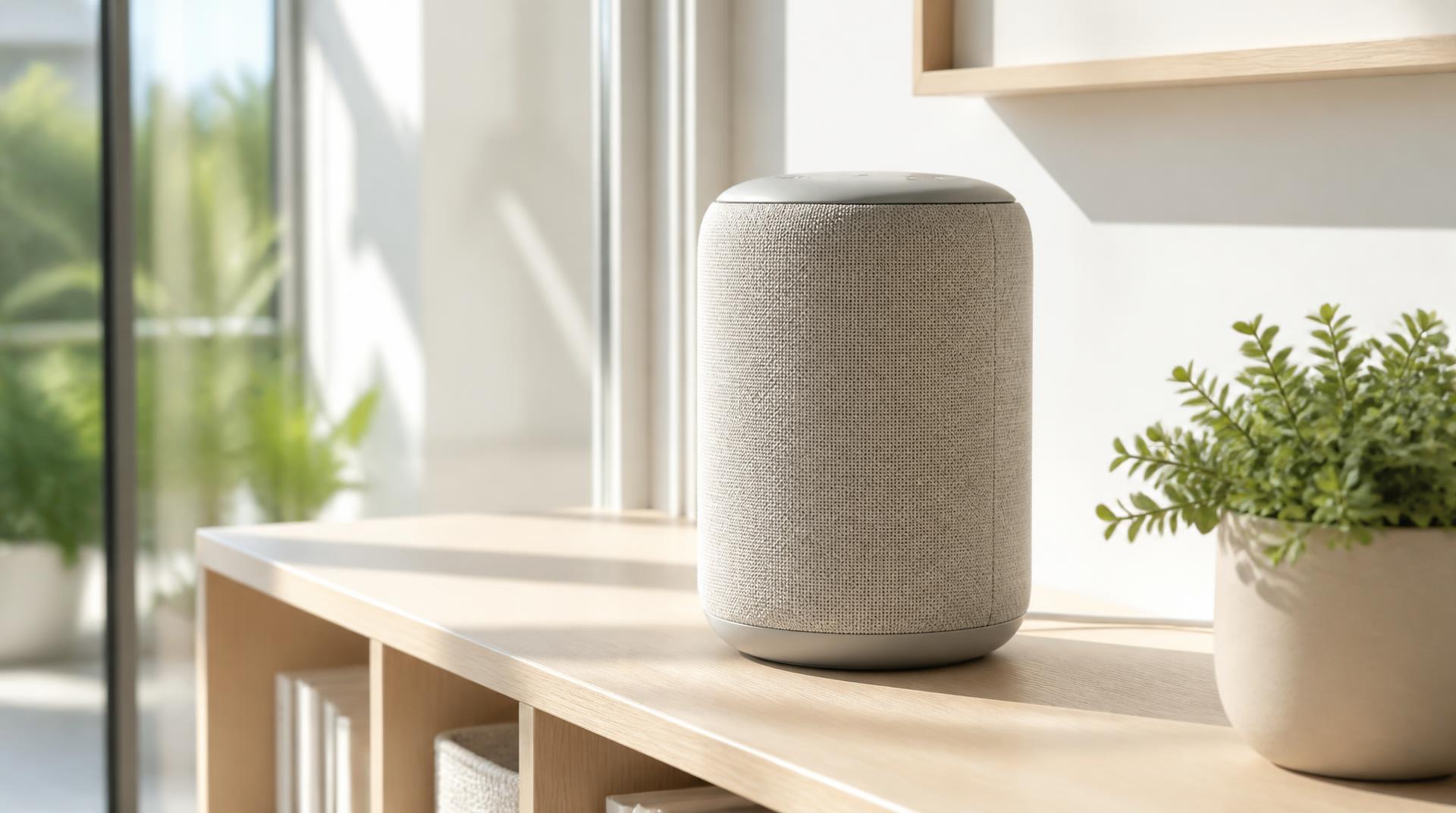 Un altavoz inteligente de tela clara en una estantería de madera, junto a una planta
