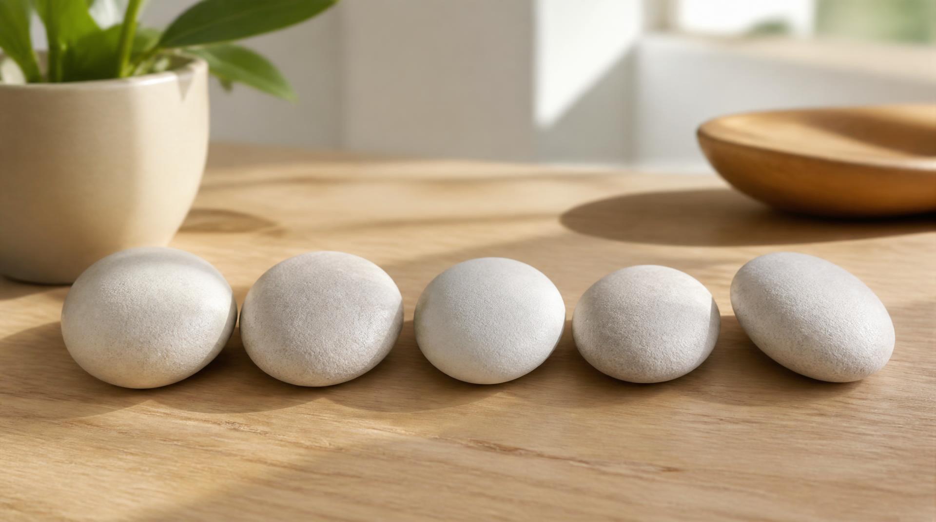 Cinco piedras claras alineadas sobre una mesa de madera