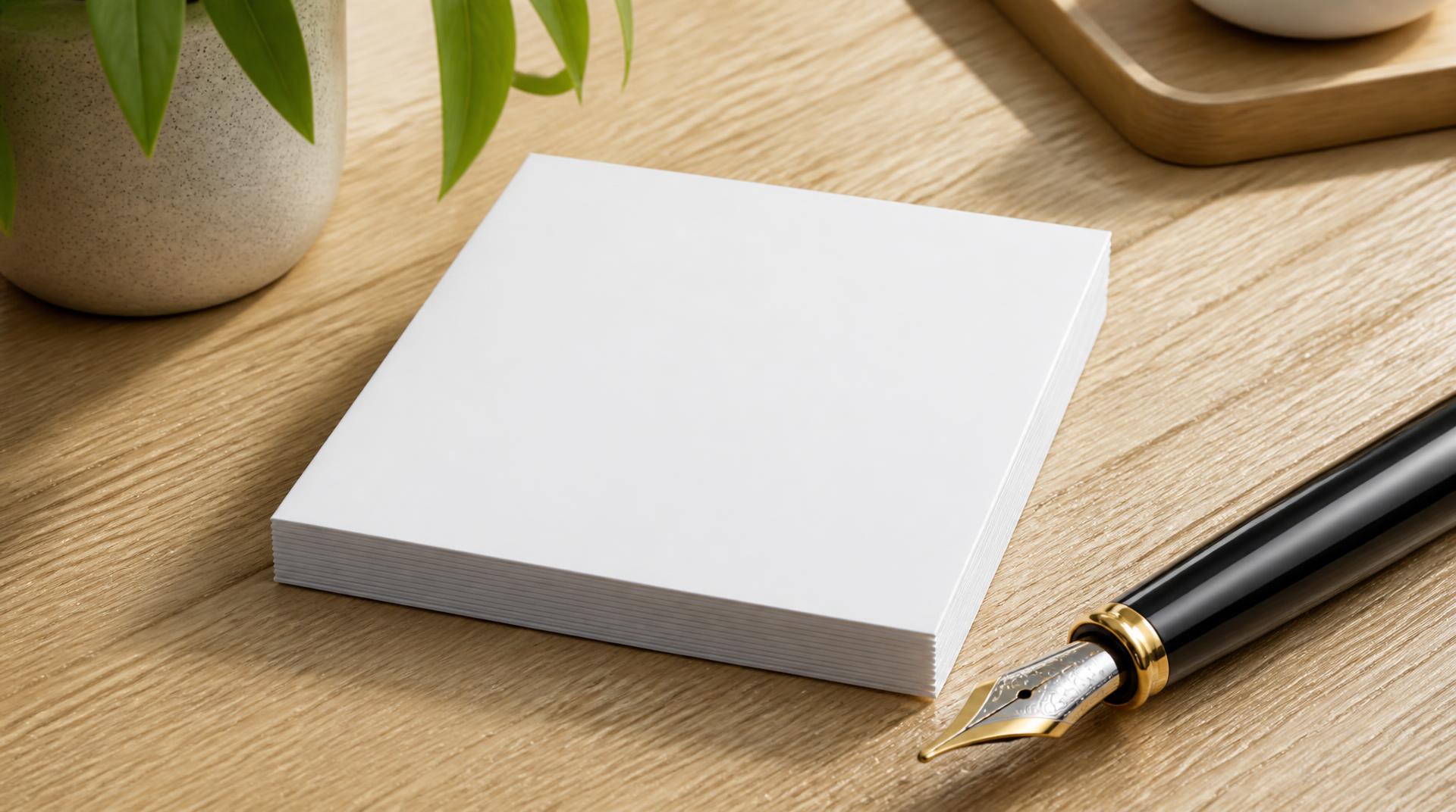 Un montón de tarjetas blancas bien cuadradas junto a una pluma, en un escritorio de roble