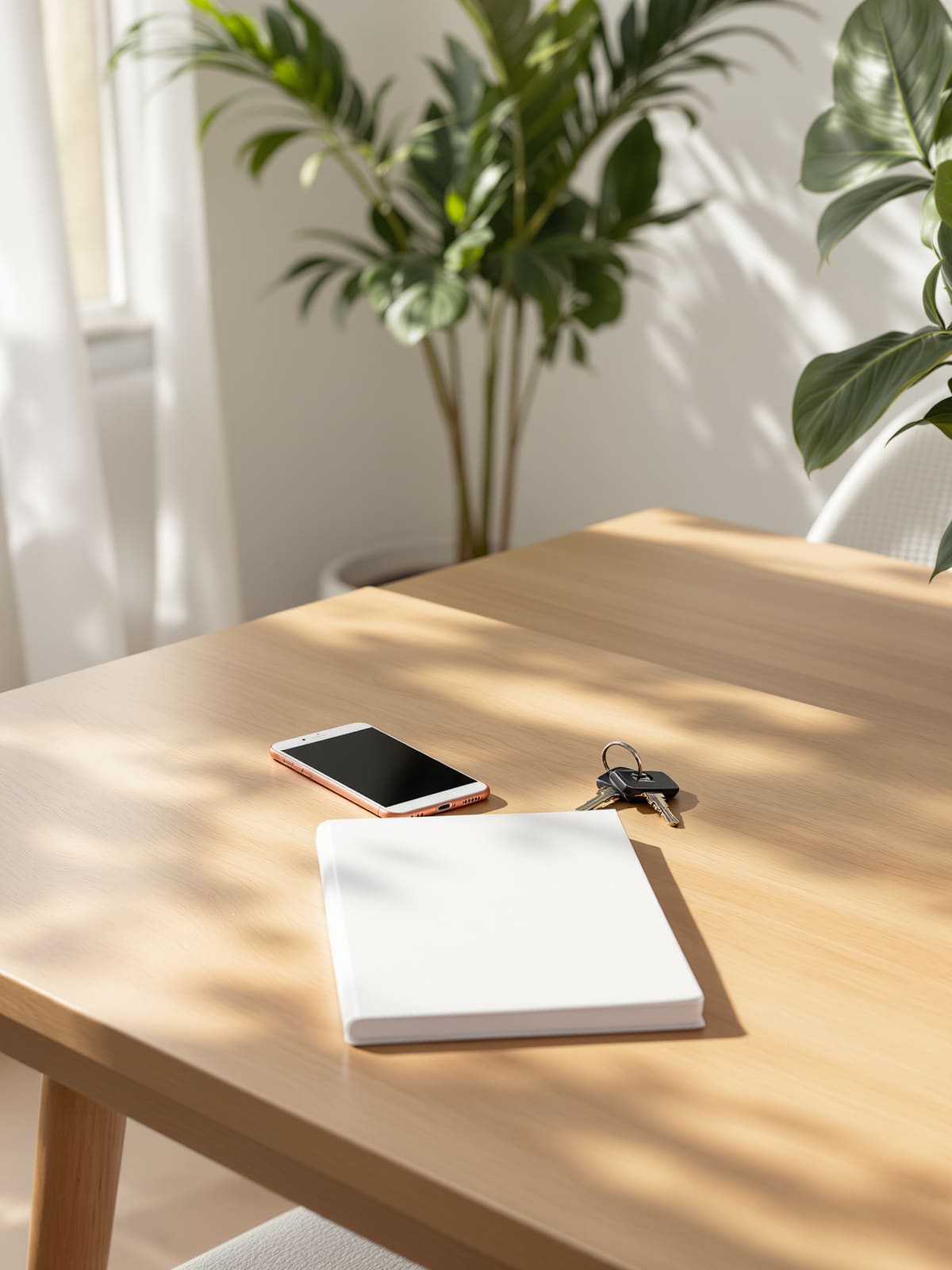 Móvil, llaves y una libreta cerrada sobre una mesa de madera