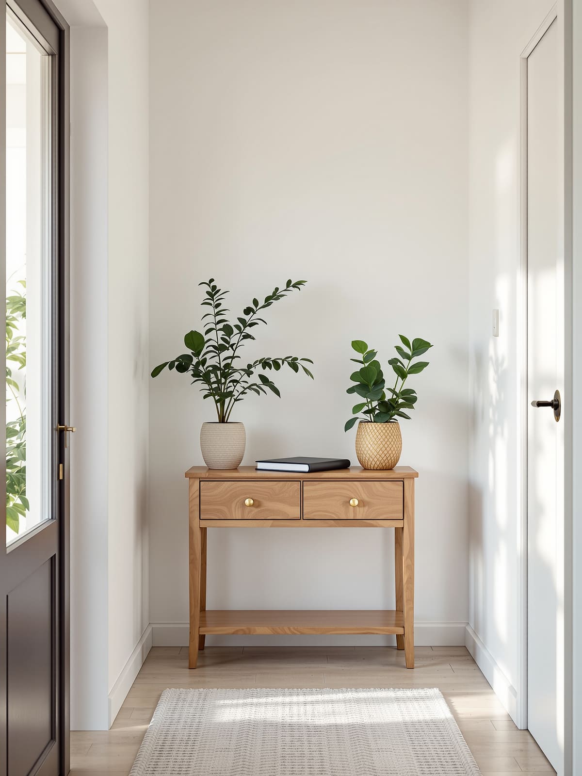 Recibidor de un piso turístico con un mueble de madera y plantas