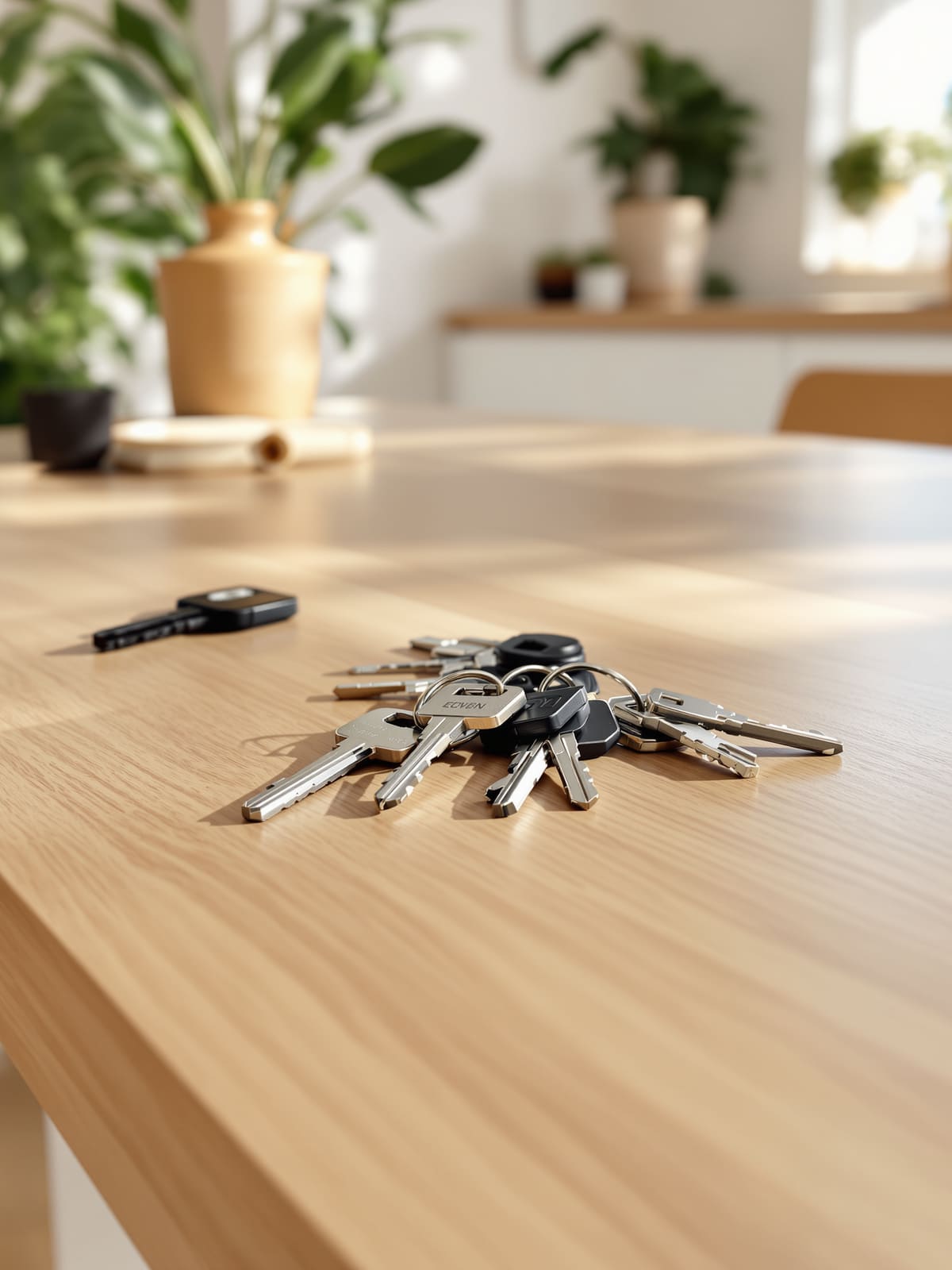Varios juegos de llaves sobre una mesa de roble