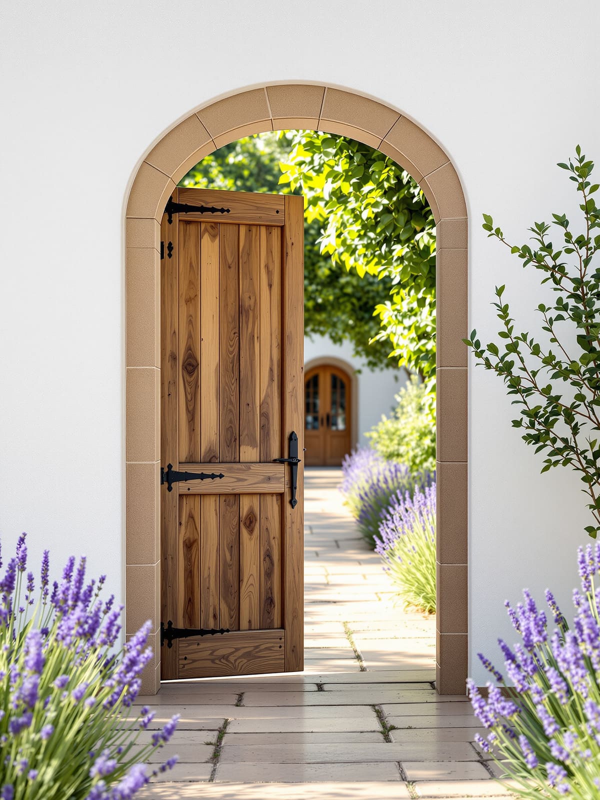 Puerta de madera abierta a un jardín con lavanda