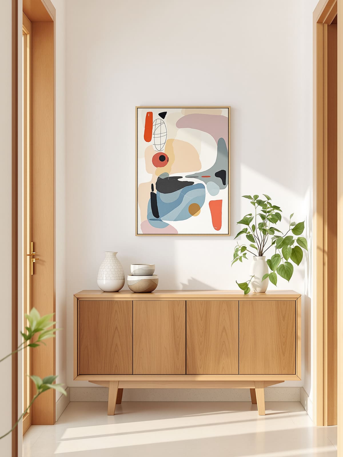Recibidor con un cuadro abstracto y un mueble de madera