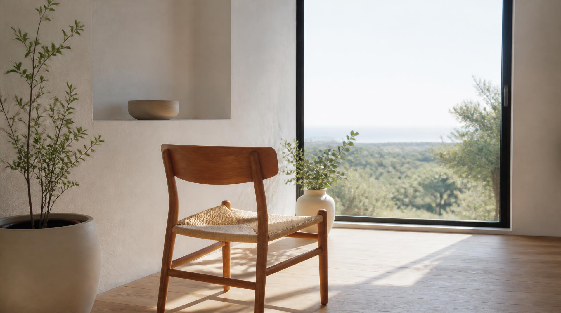 Una silla de madera frente a una ventana en una habitación blanca y vacía
