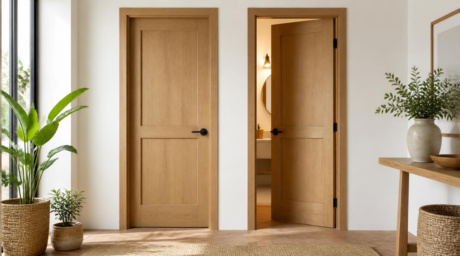 Dos puertas juntas en una pared blanca, una entreabierta con luz saliendo