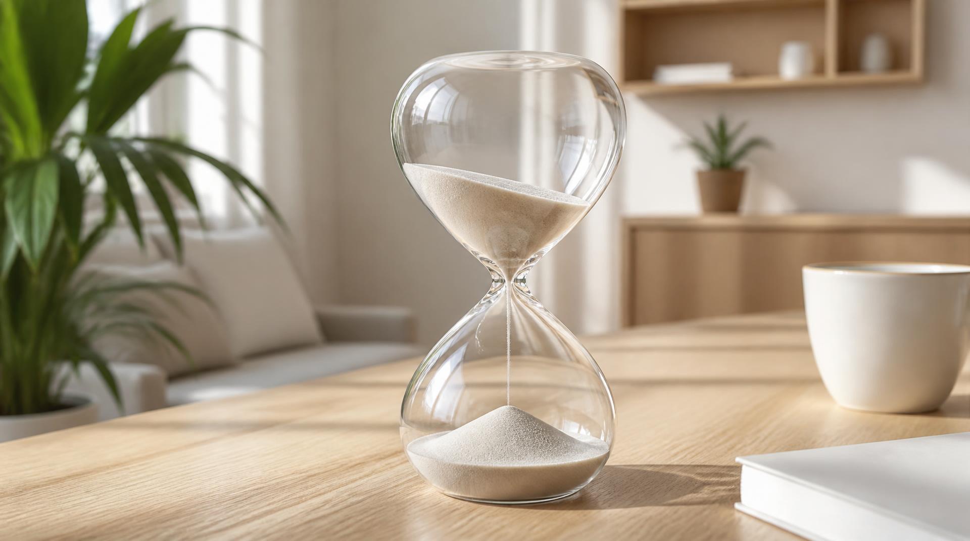 Un reloj de arena de cristal sobre una mesa de madera clara