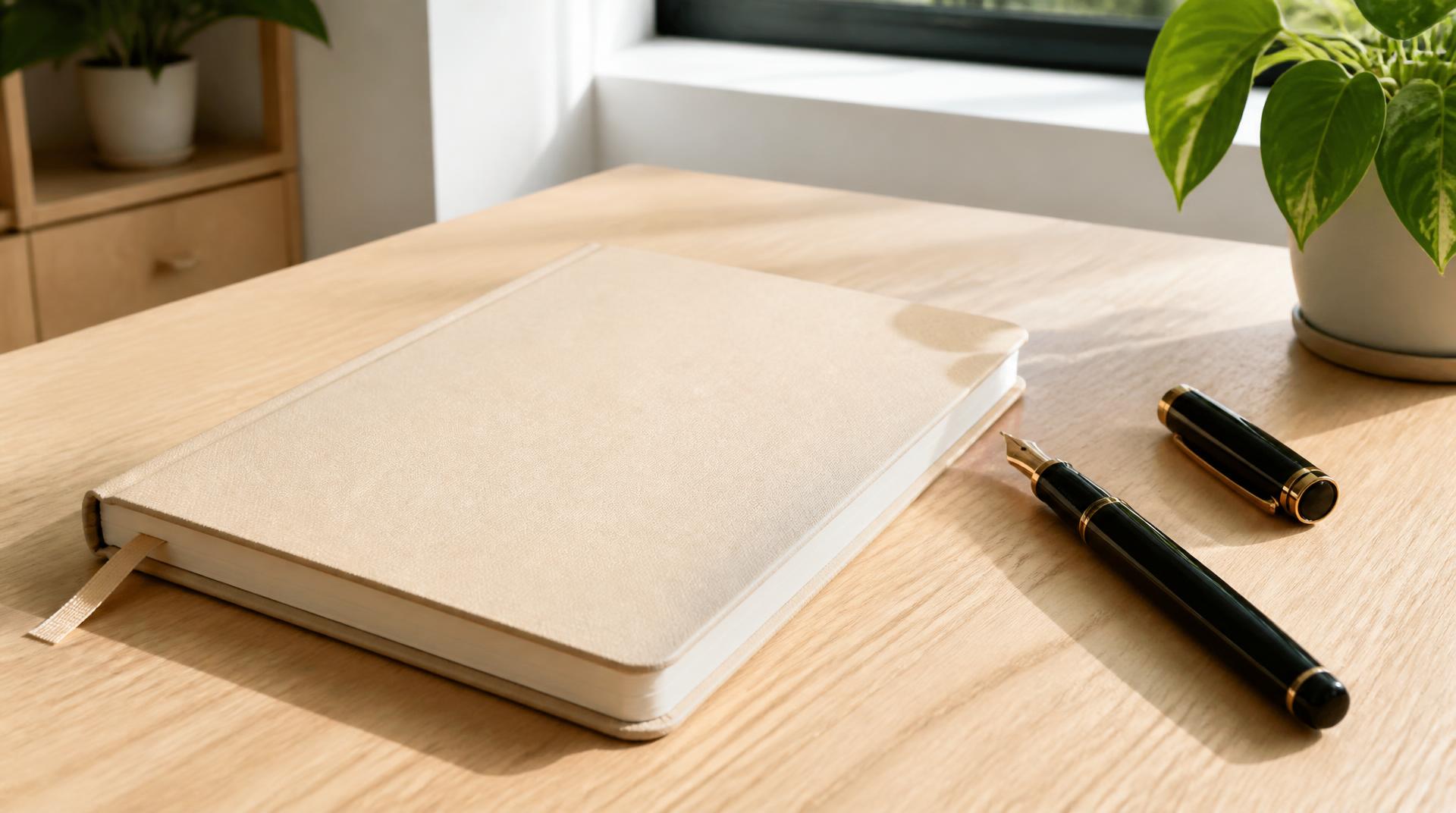 Una libreta cerrada y una pluma bien alineadas en un escritorio de roble