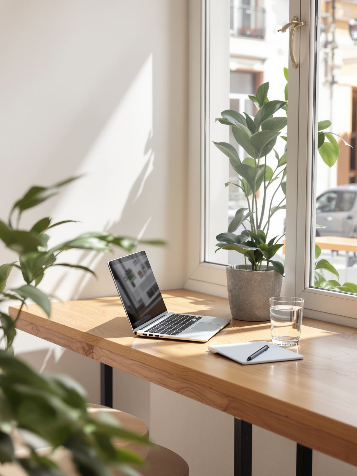 Portátil sobre una mesa de madera junto a la ventana de una cafetería