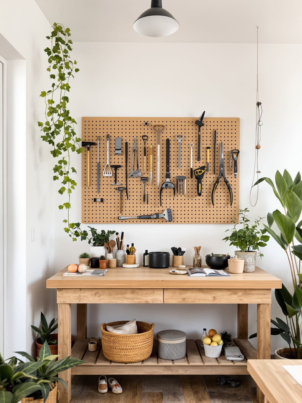 Taller pequeño con las herramientas colgadas en un panel perforado de madera