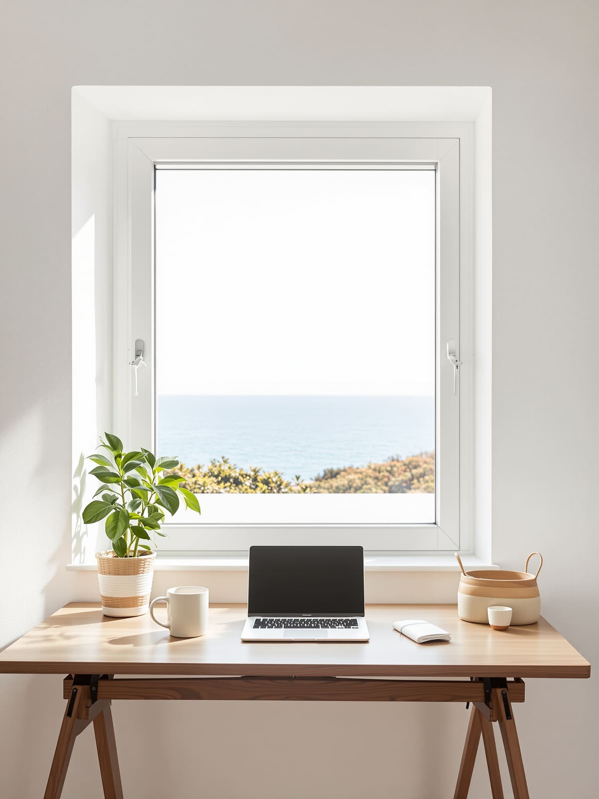 Escritorio con portátil y taza junto a una ventana con vistas al mar